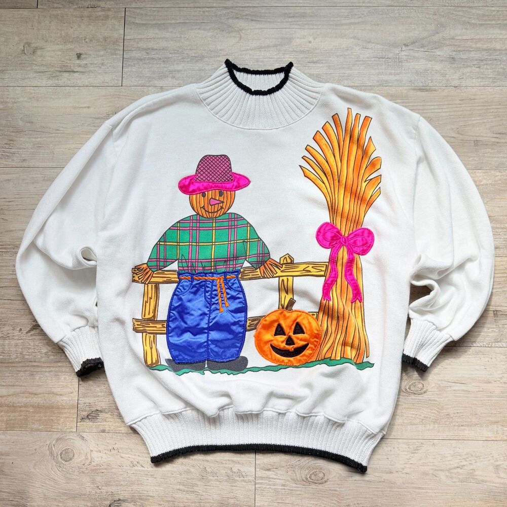 Vintage Fall Harvest Sweater Medium Scarecrow Pumpkin 90s Thanksgiving Kitschy